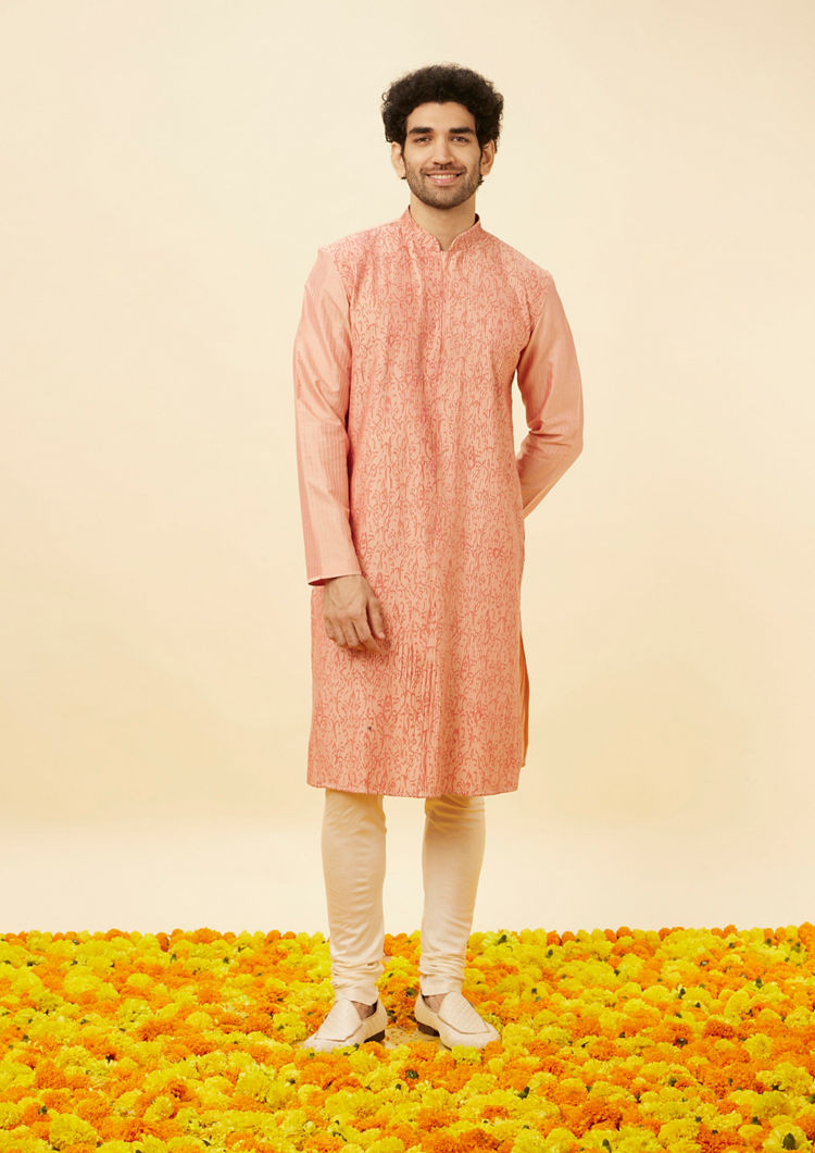 Twamev Men Peach Abstract Patterned Thread Work Kurta Set image number 2