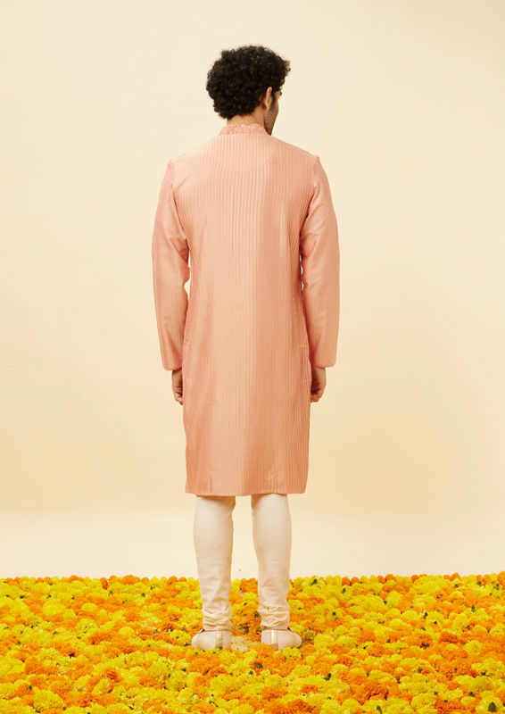 Twamev Men Peach Abstract Patterned Thread Work Kurta Set