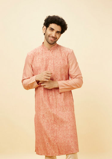 alt message - Twamev Men Peach Abstract Patterned Thread Work Kurta Set image number 0