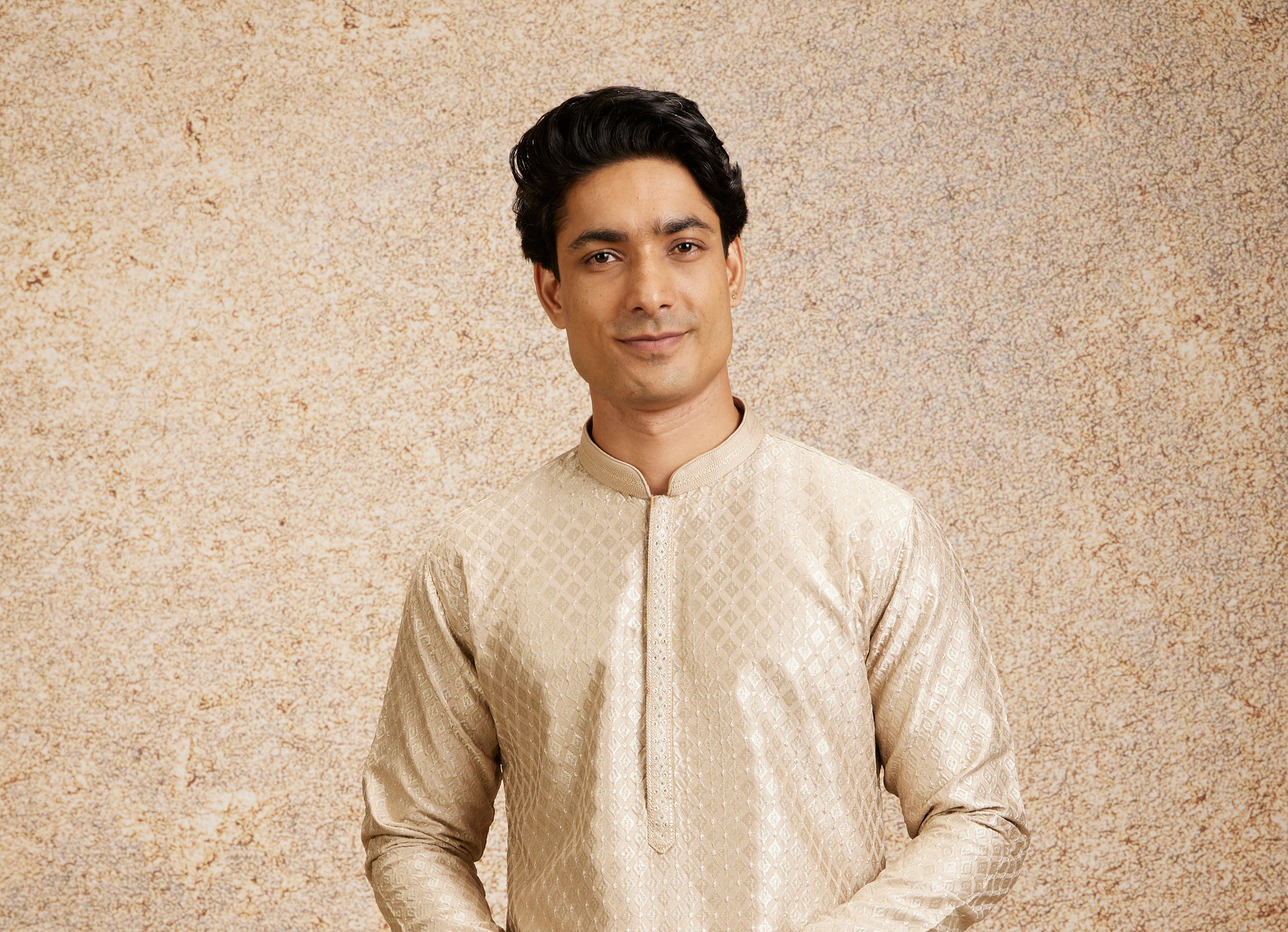 Twamev Men Beige Embellished Kurta Pajama