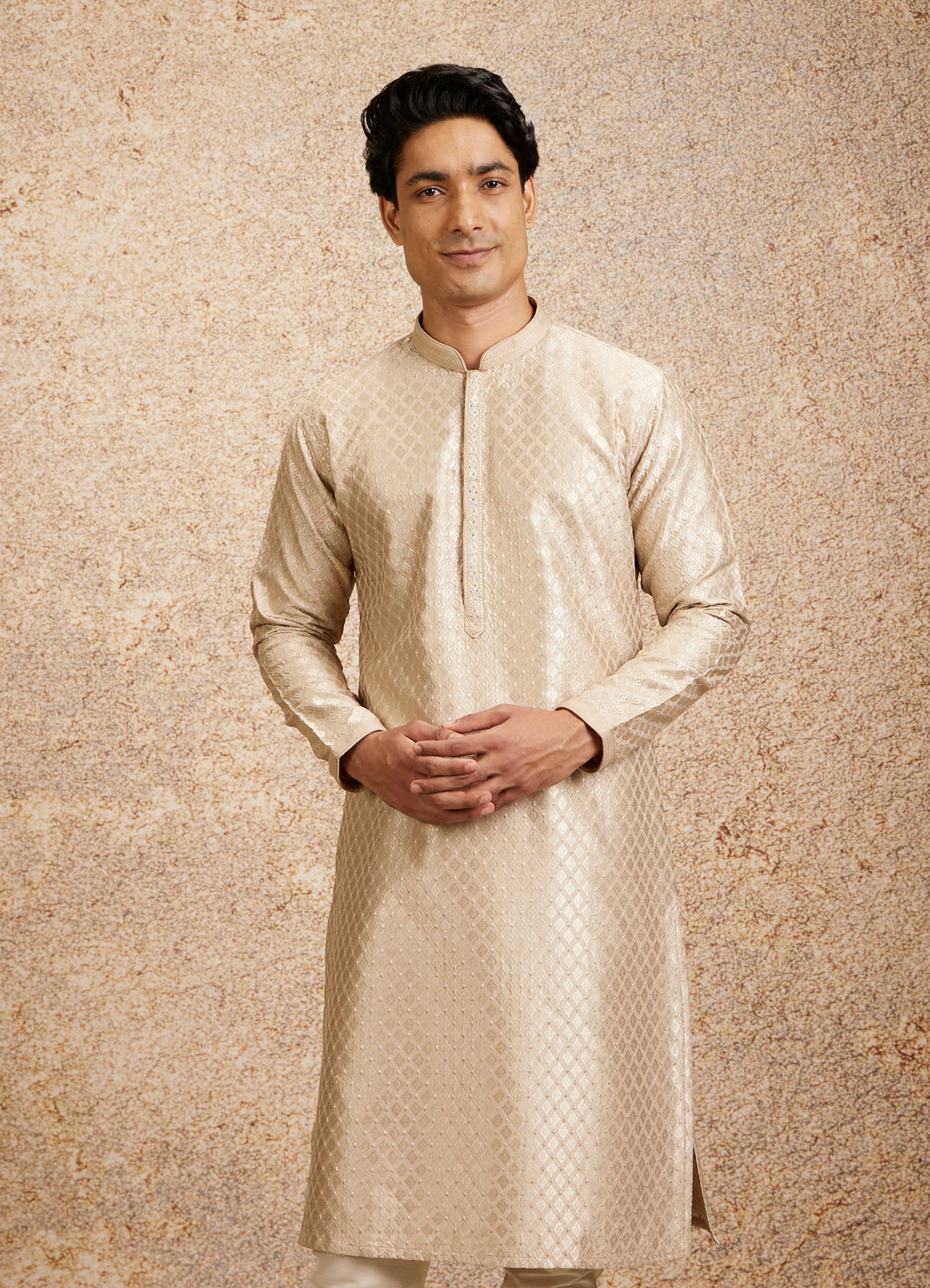 Twamev Men Beige Embellished Kurta Pajama