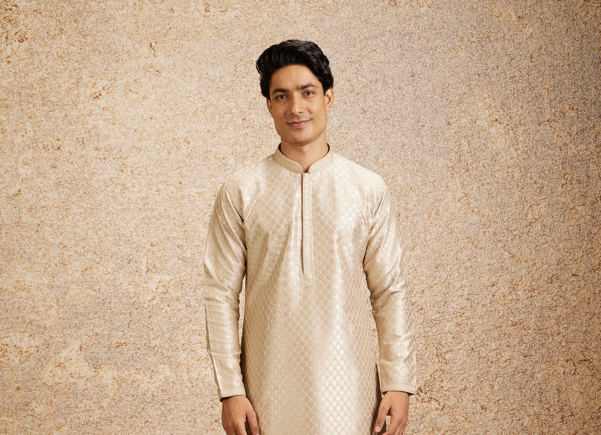 Twamev Men Beige Embellished Kurta Pajama
