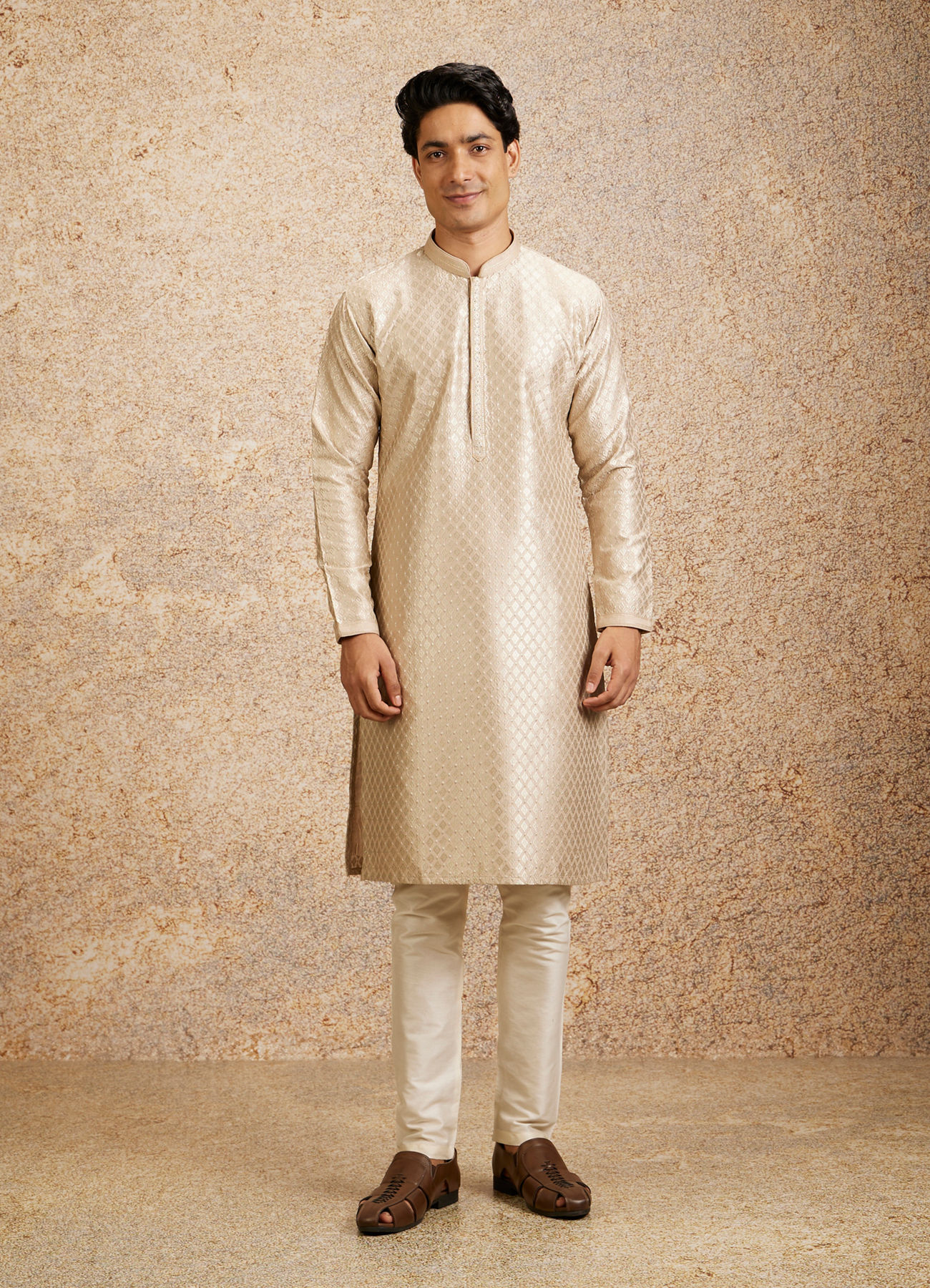 Twamev Men Beige Embellished Kurta Pajama