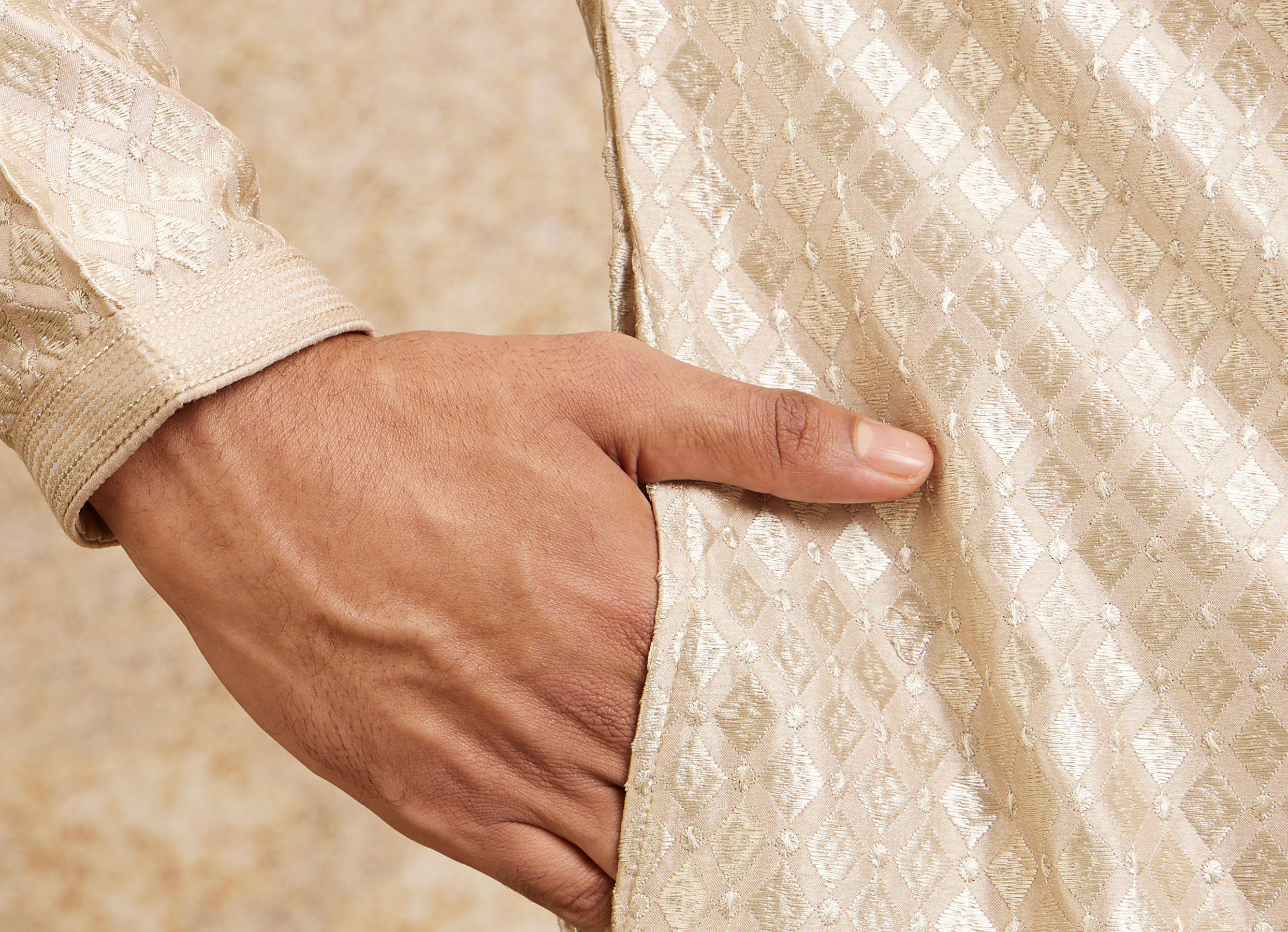 Twamev Men Beige Embellished Kurta Pajama