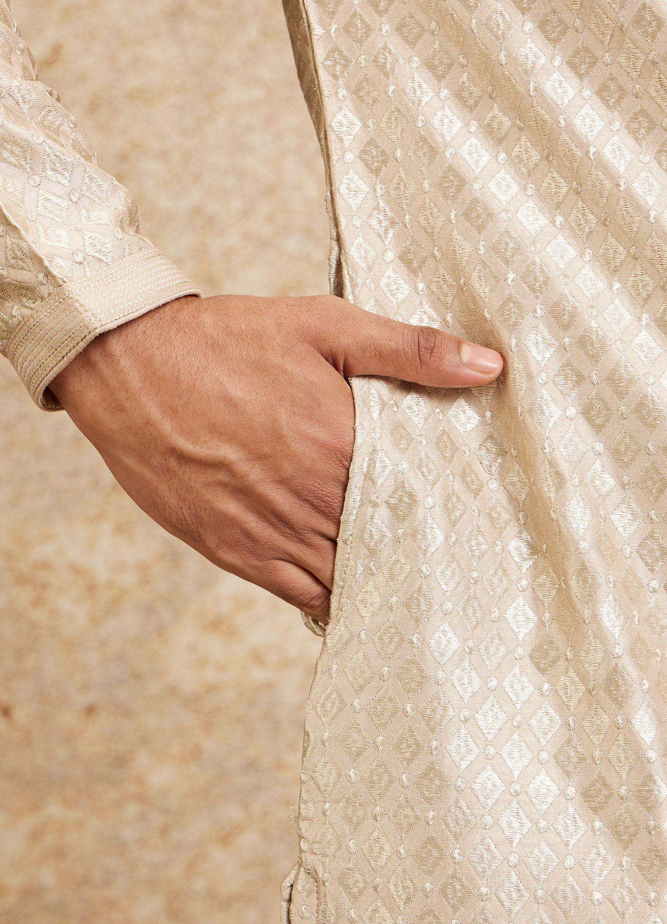 Twamev Men Beige Embellished Kurta Pajama