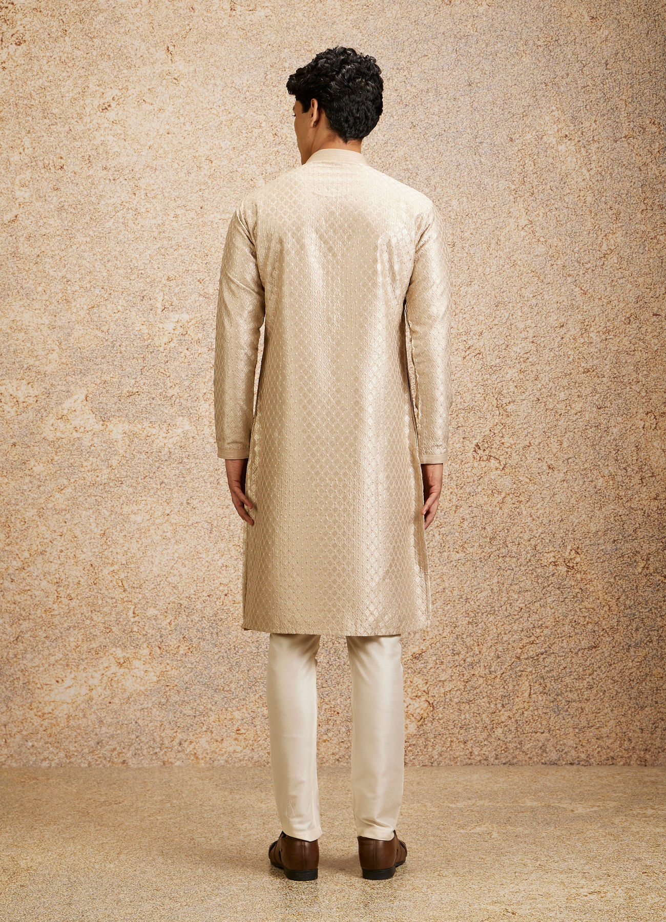 Twamev Men Beige Embellished Kurta Pajama