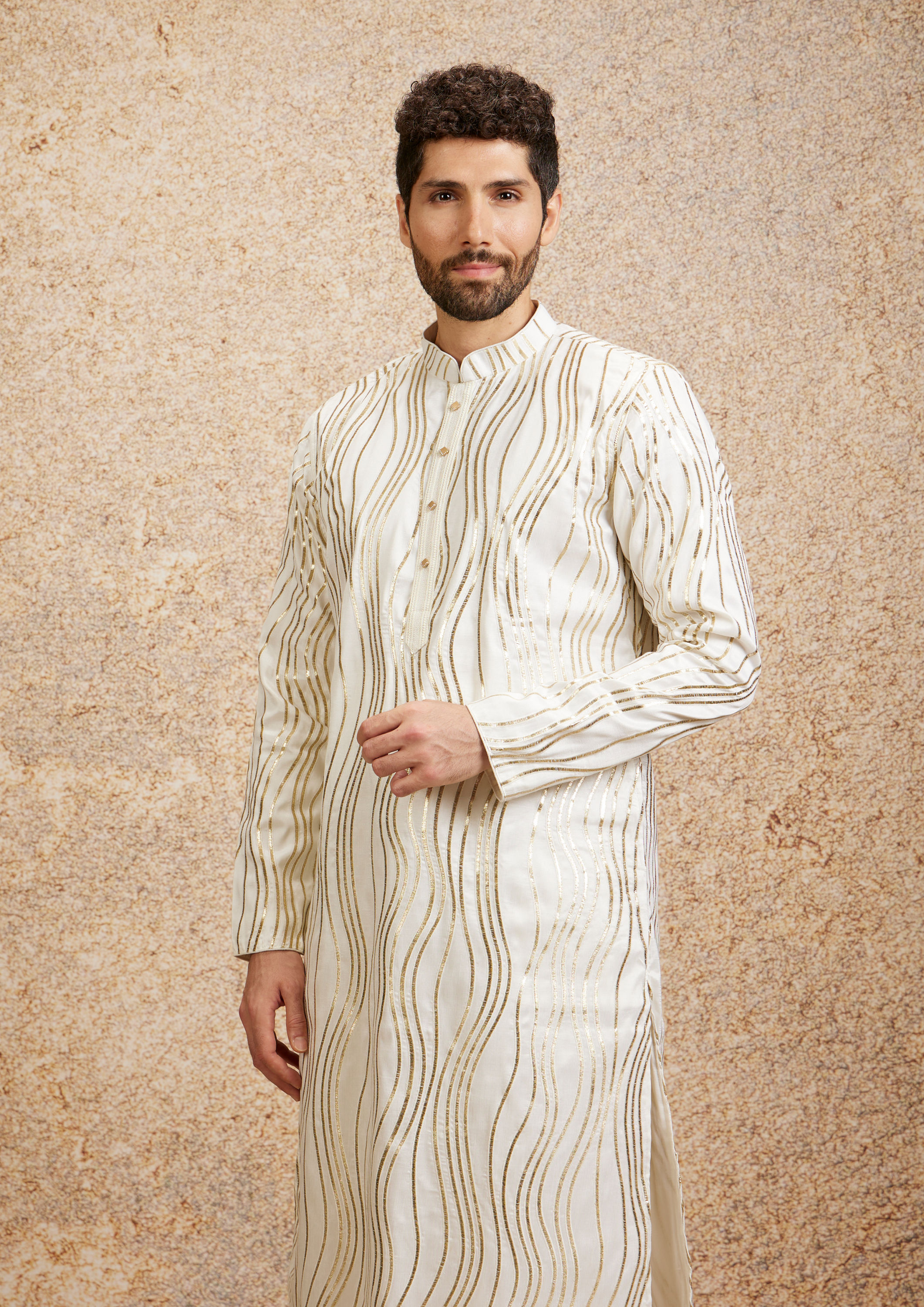 Twamev Men Warm White Zari Embroidered Kurta Pajama
