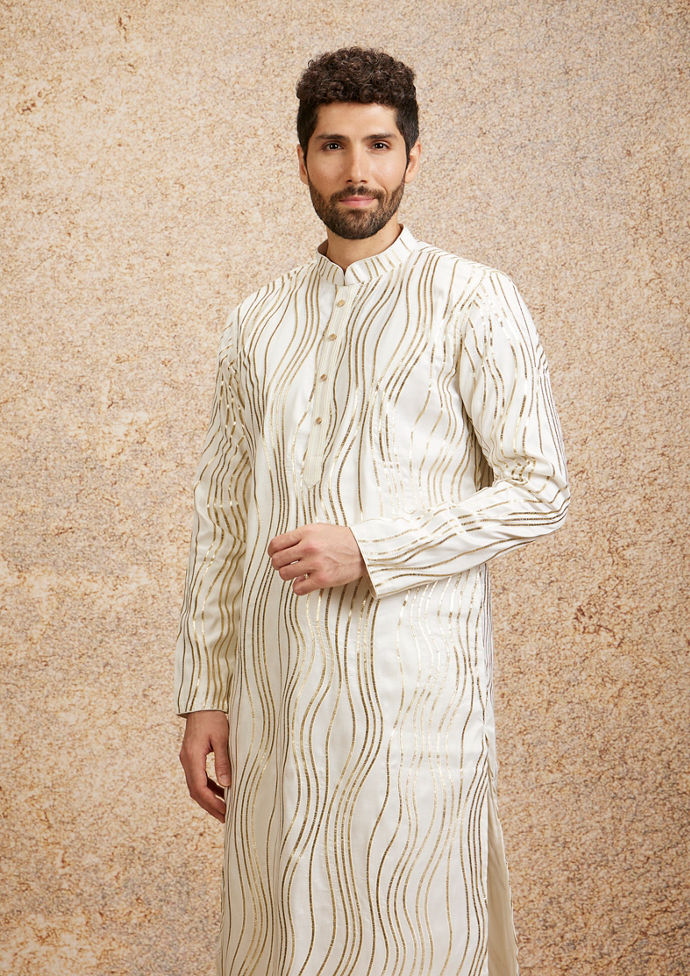 Twamev Men Warm White Zari Embroidered Kurta Pajama