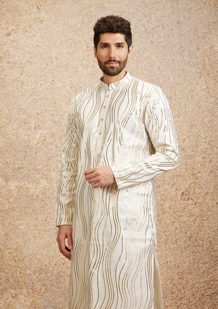 Twamev Men Warm White Zari Embroidered Kurta Pajama