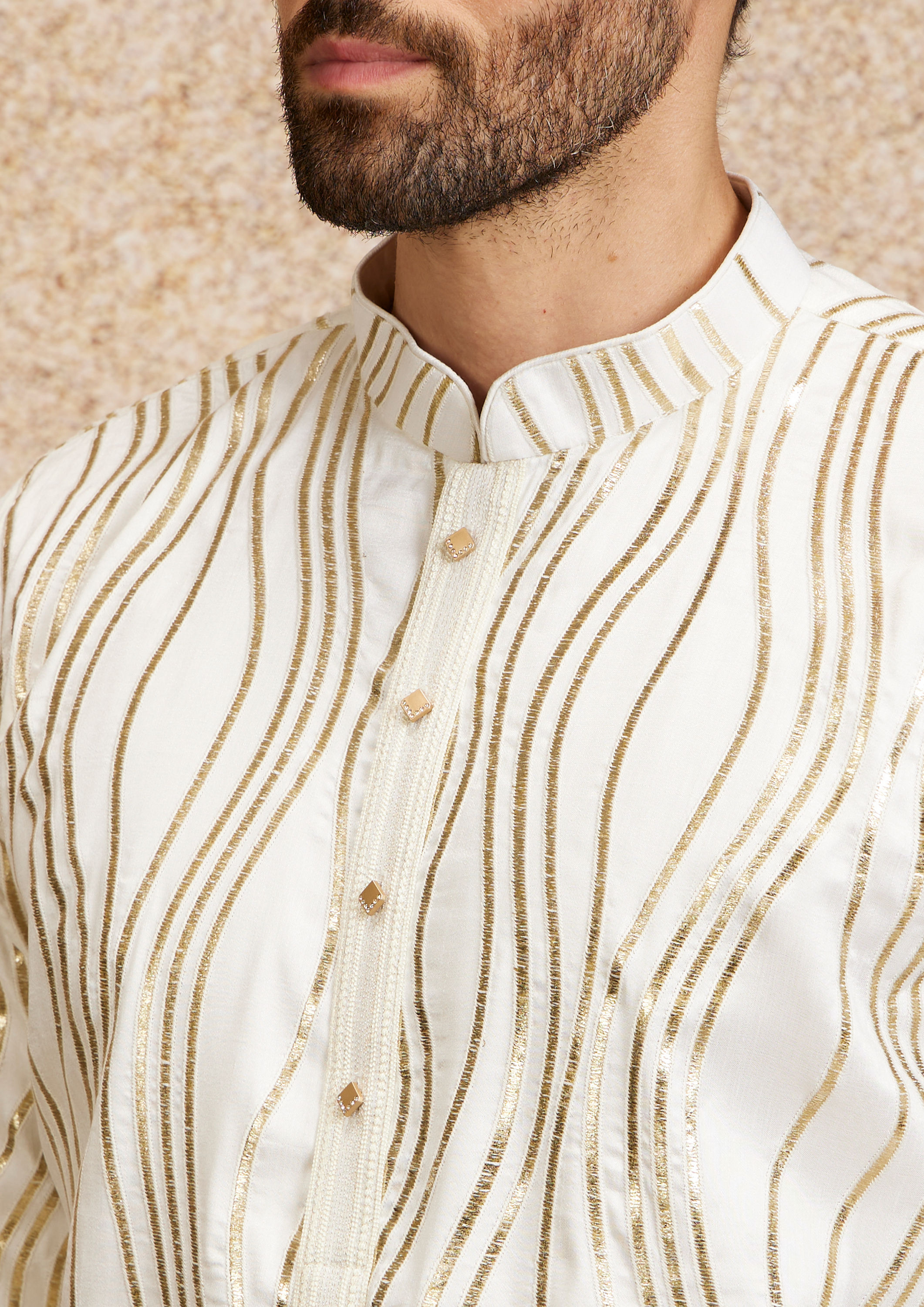 Twamev Men Warm White Zari Embroidered Kurta Pajama