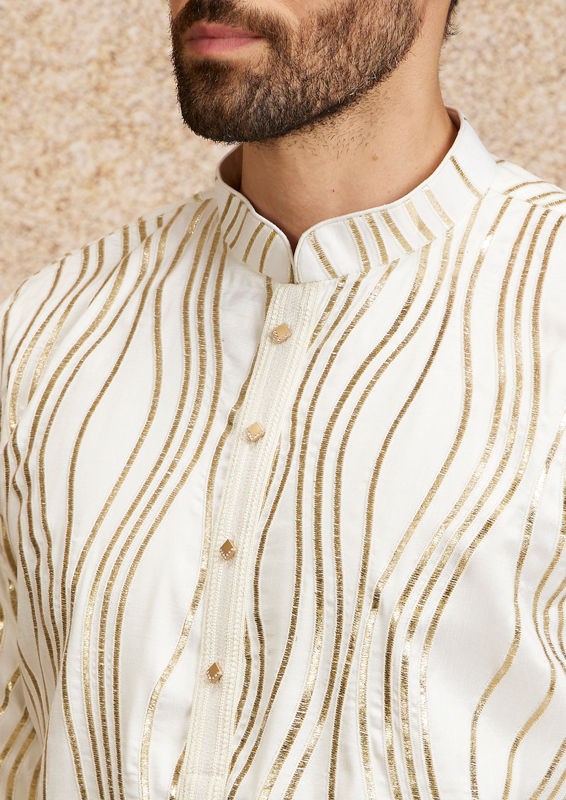Twamev Men Warm White Zari Embroidered Kurta Pajama
