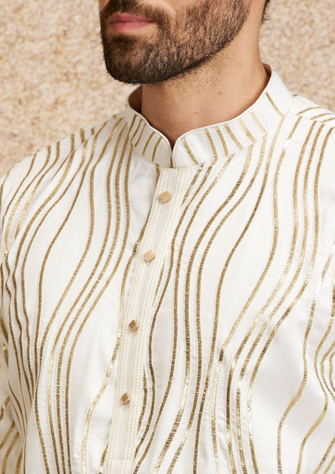 Twamev Men Warm White Zari Embroidered Kurta Pajama