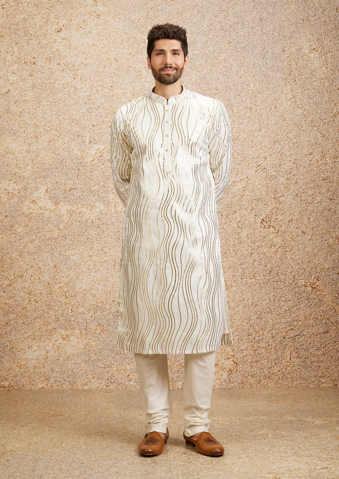 Twamev Men Warm White Zari Embroidered Kurta Pajama