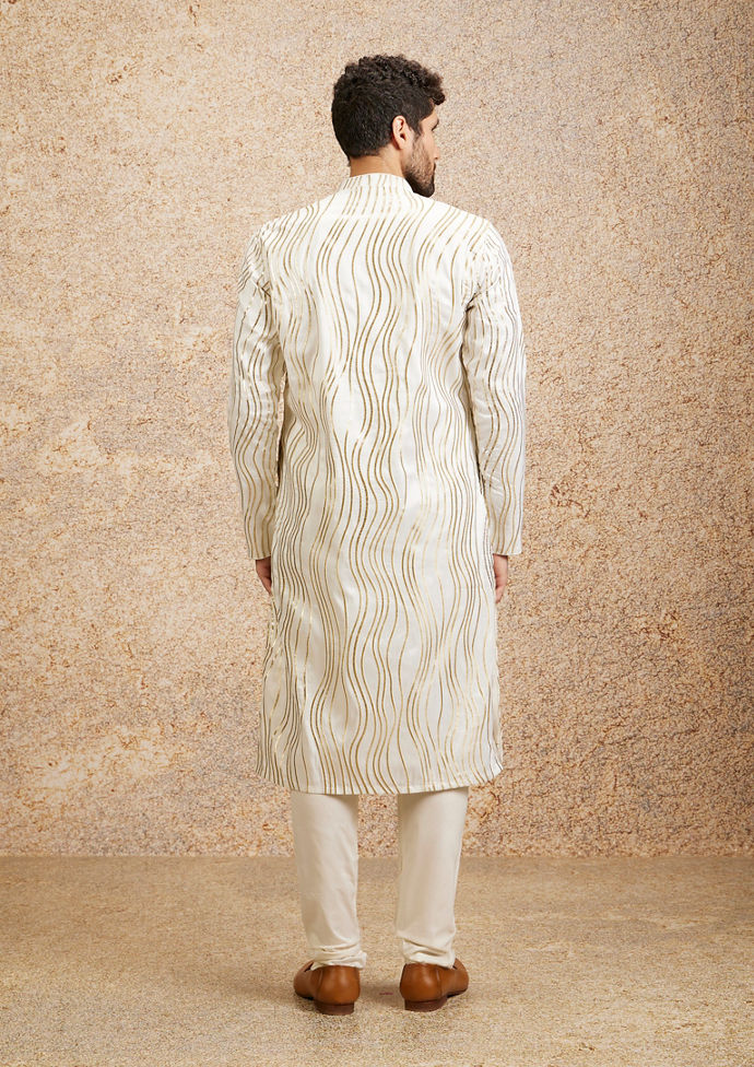 Twamev Men Warm White Zari Embroidered Kurta Pajama
