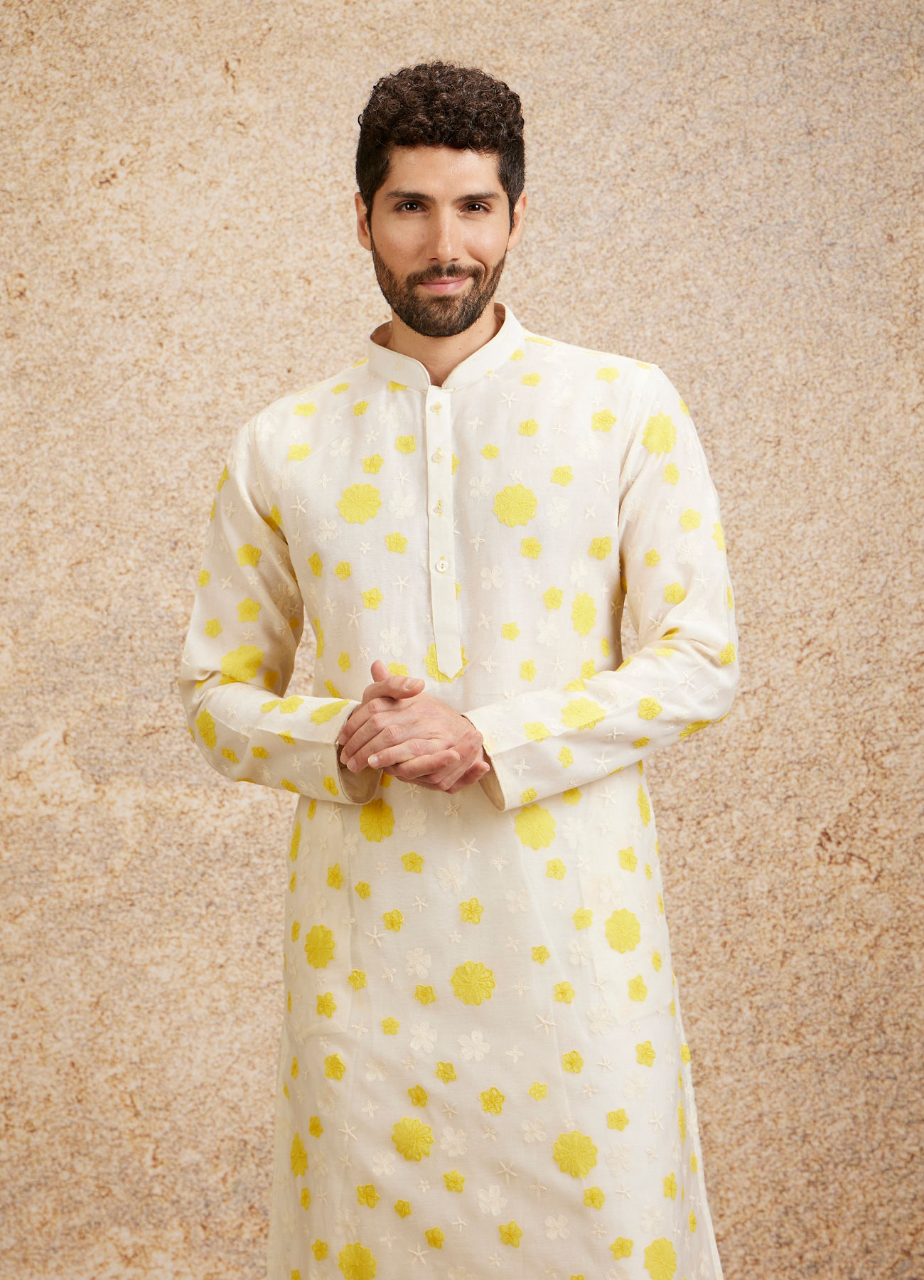 Twamev Men Cream Yellow Flower Printed Kurta Set