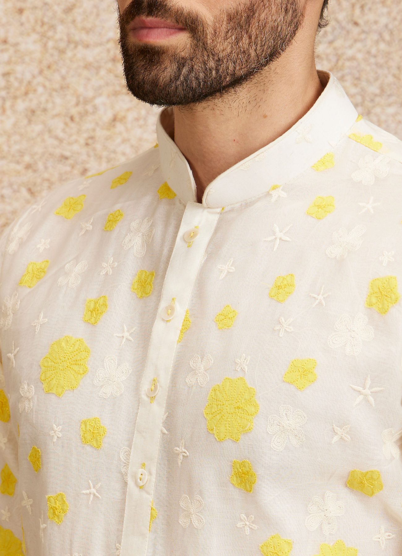 Twamev Men Cream Yellow Flower Printed Kurta Set