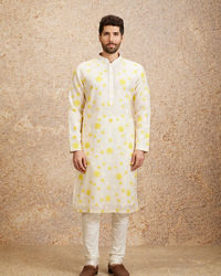 Twamev Men Cream Yellow Flower Printed Kurta Set