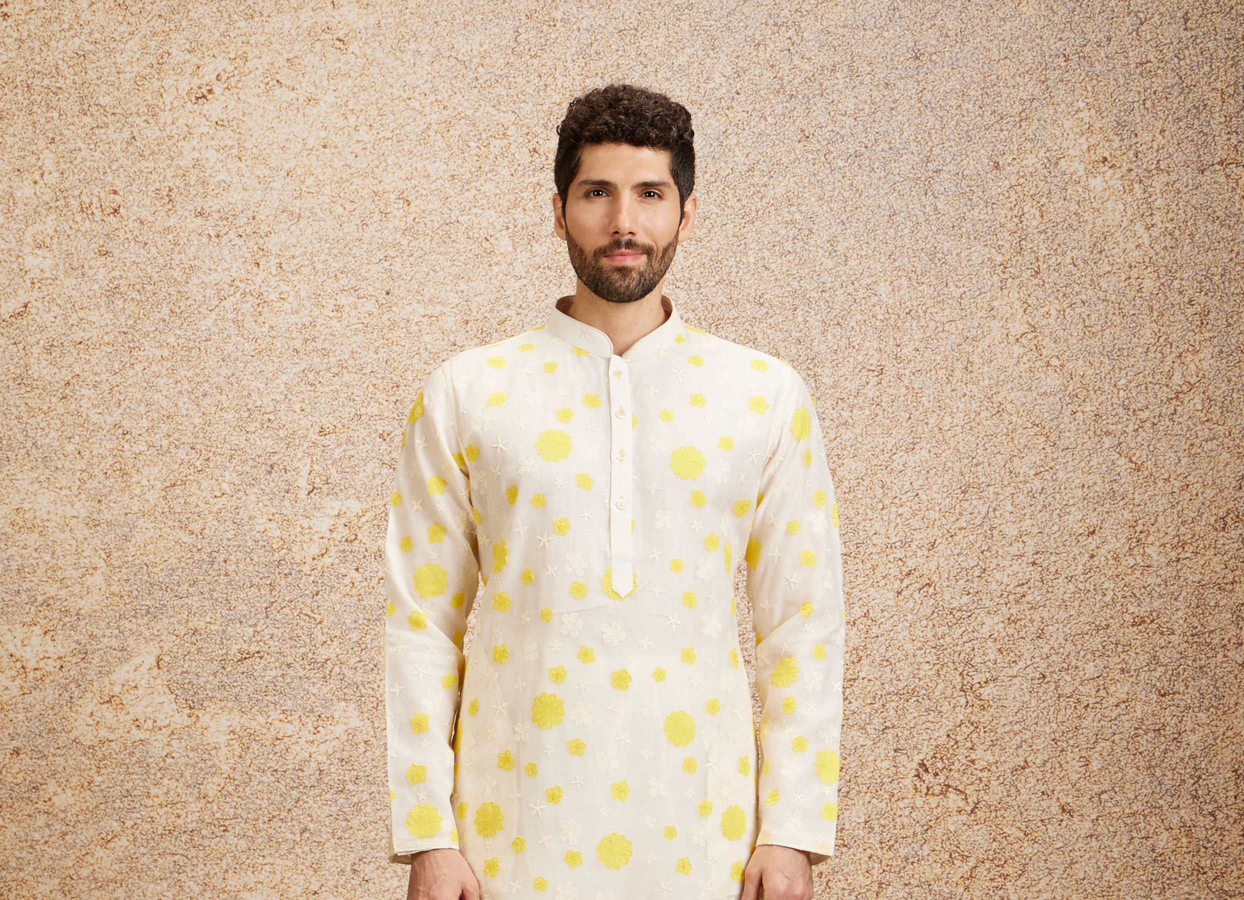 Twamev Men Cream Yellow Flower Printed Kurta Set