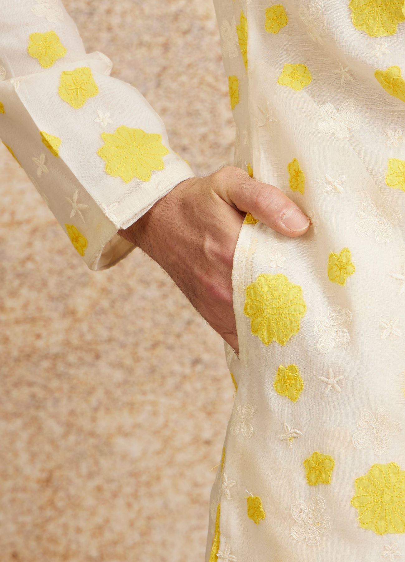 Twamev Men Cream Yellow Flower Printed Kurta Set