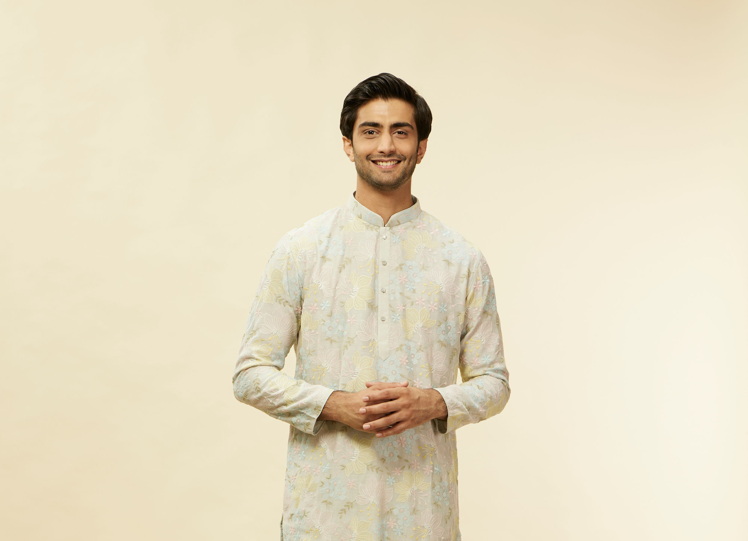 Twamev Men Soft Floral Grey Kurta Set