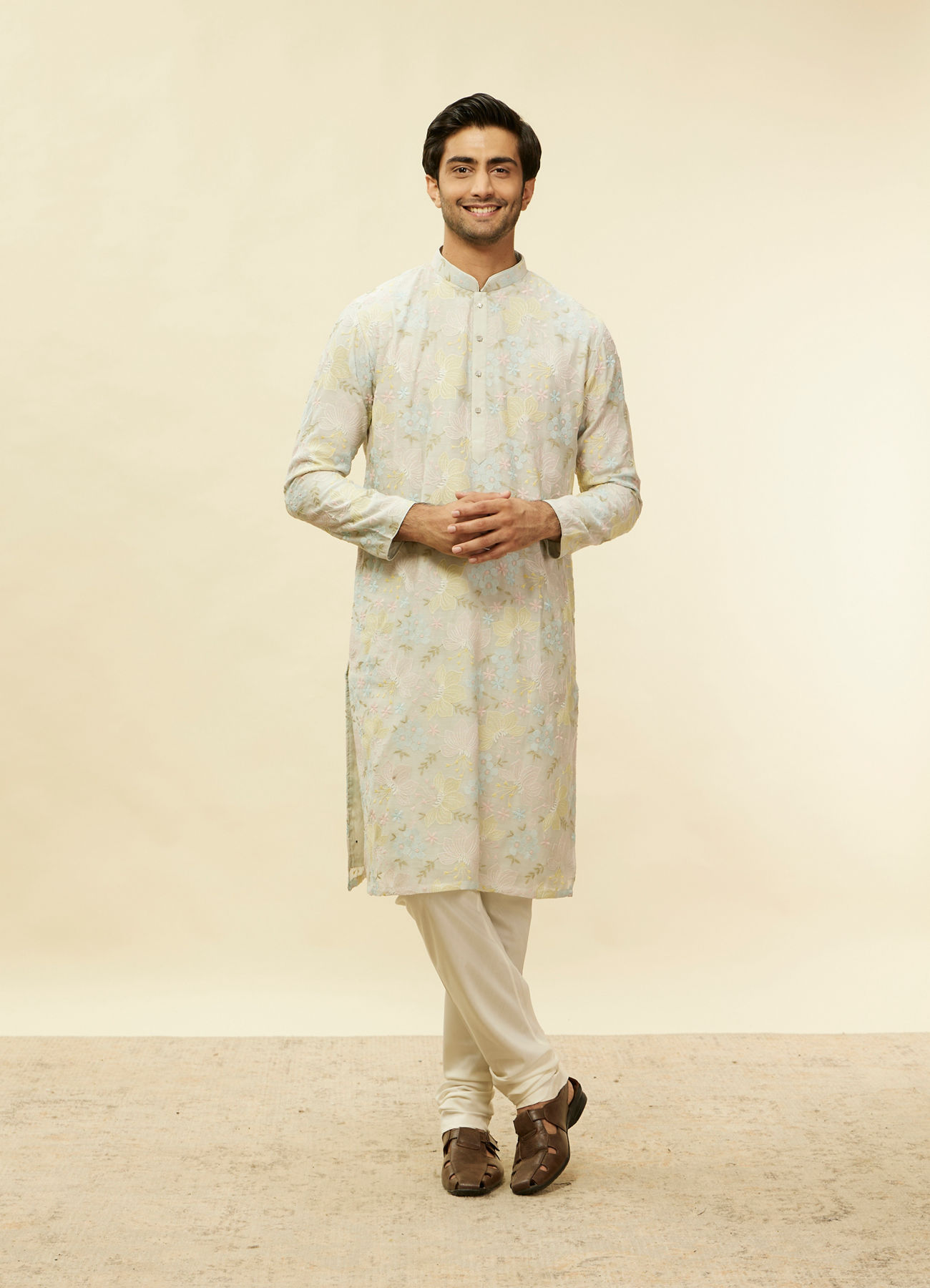 Twamev Men Soft Floral Grey Kurta Set