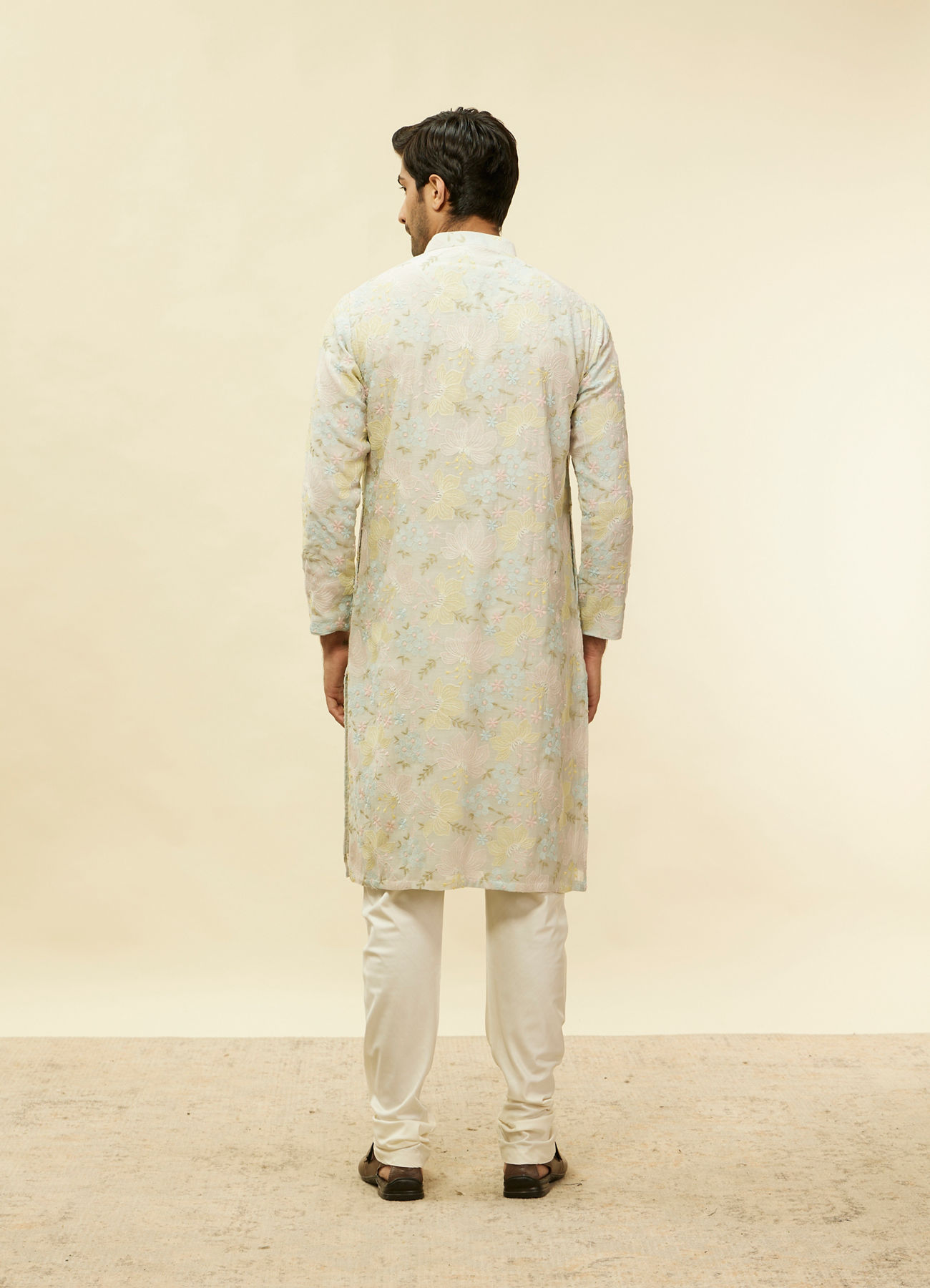Twamev Men Soft Floral Grey Kurta Set