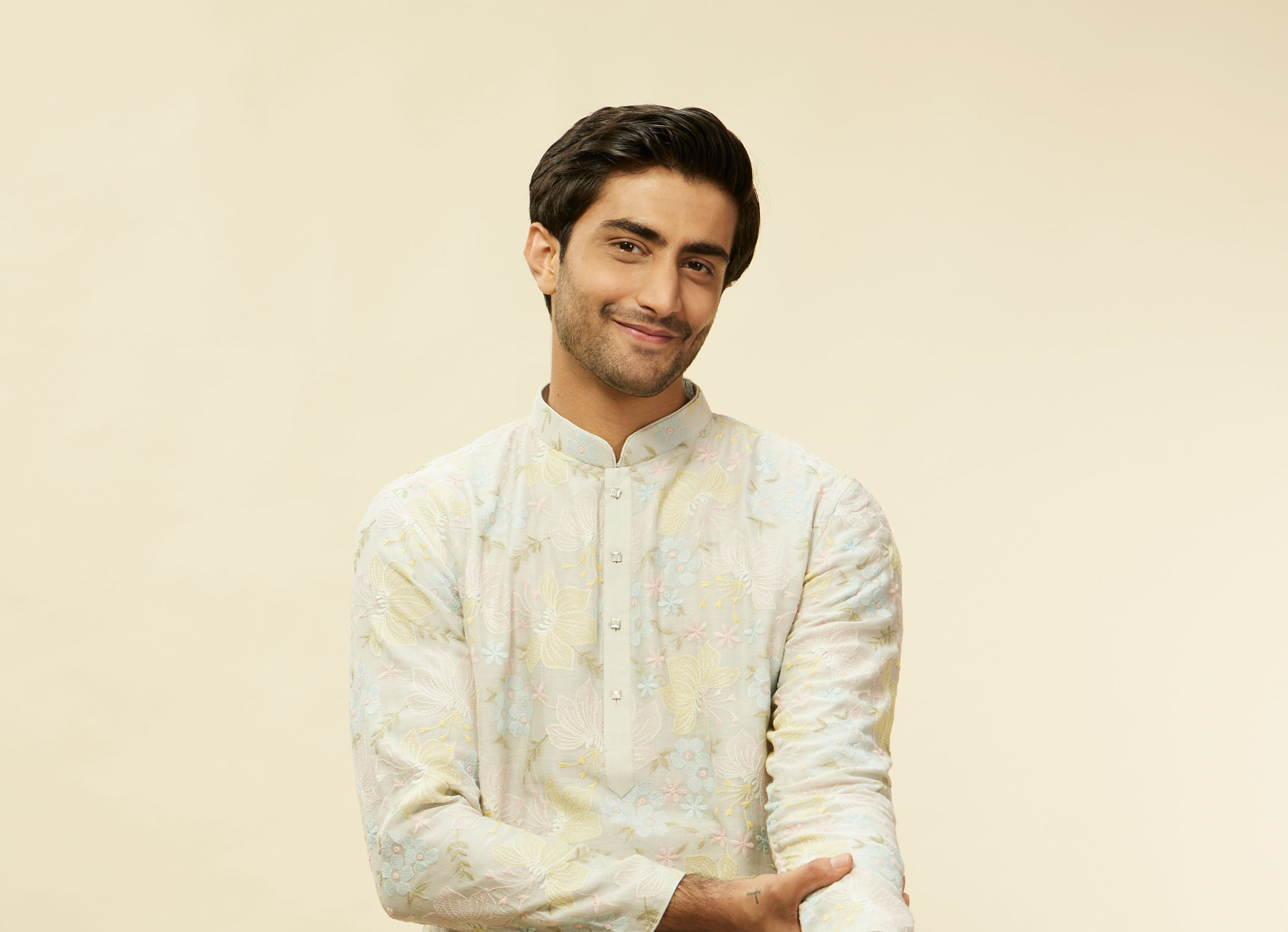 Twamev Men Soft Floral Grey Kurta Set