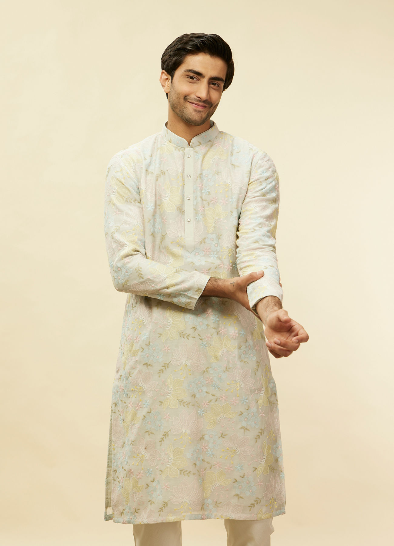 Twamev Men Soft Floral Grey Kurta Set