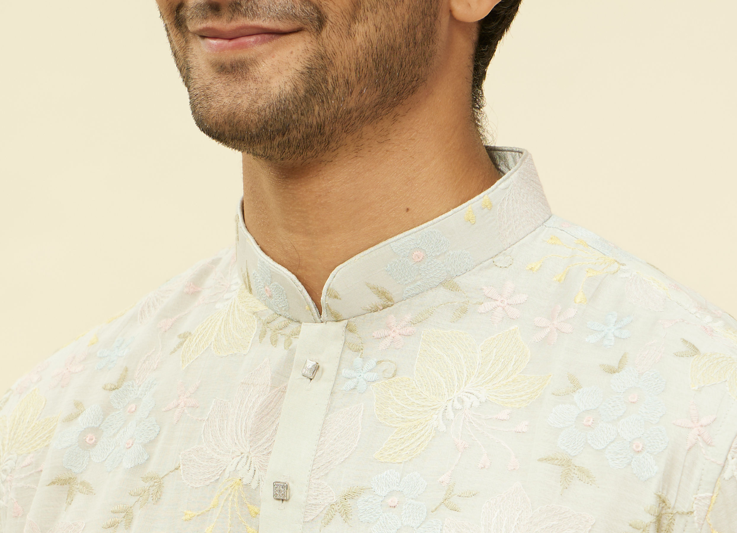 Twamev Men Soft Floral Grey Kurta Set