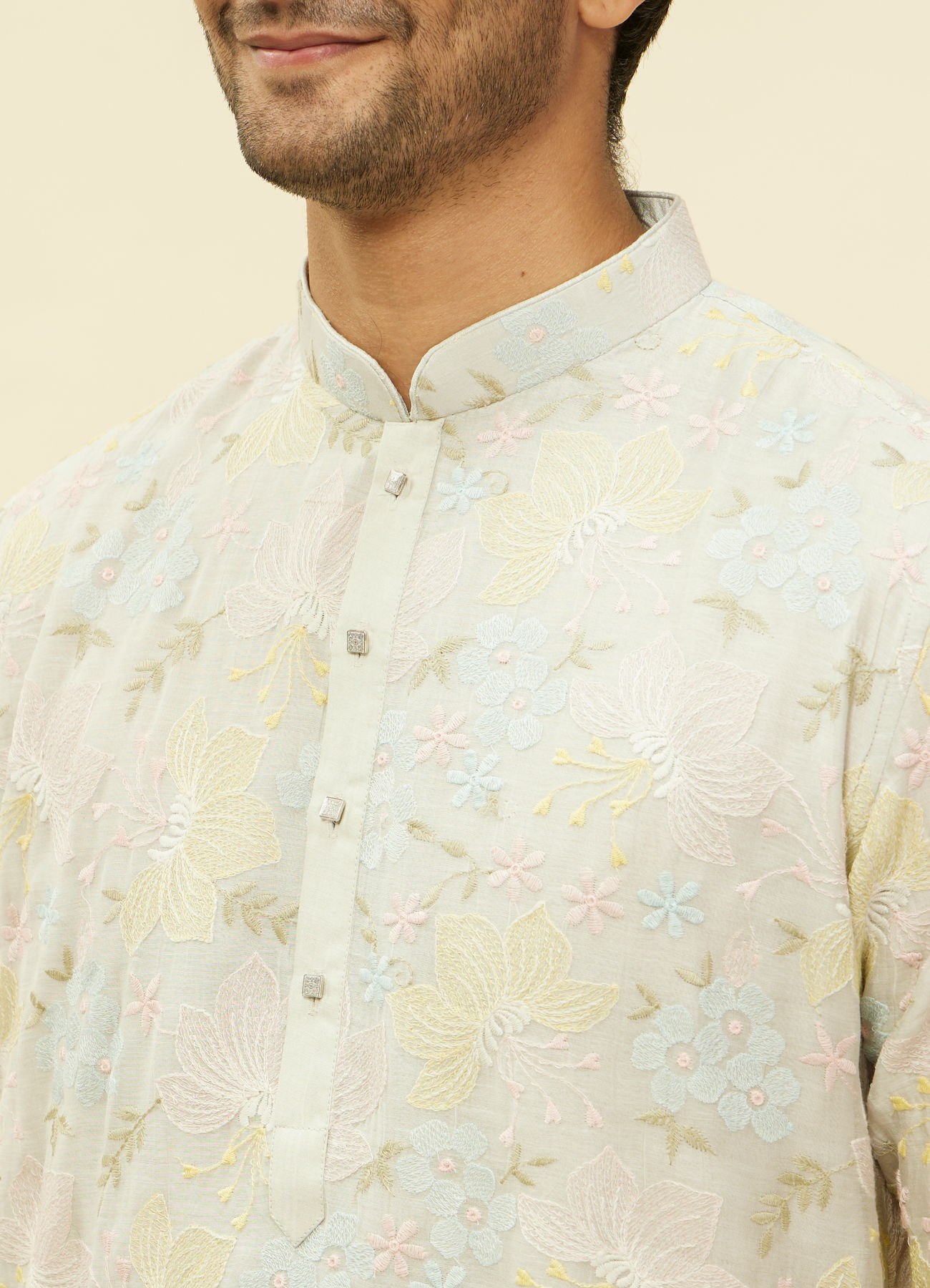 Twamev Men Soft Floral Grey Kurta Set