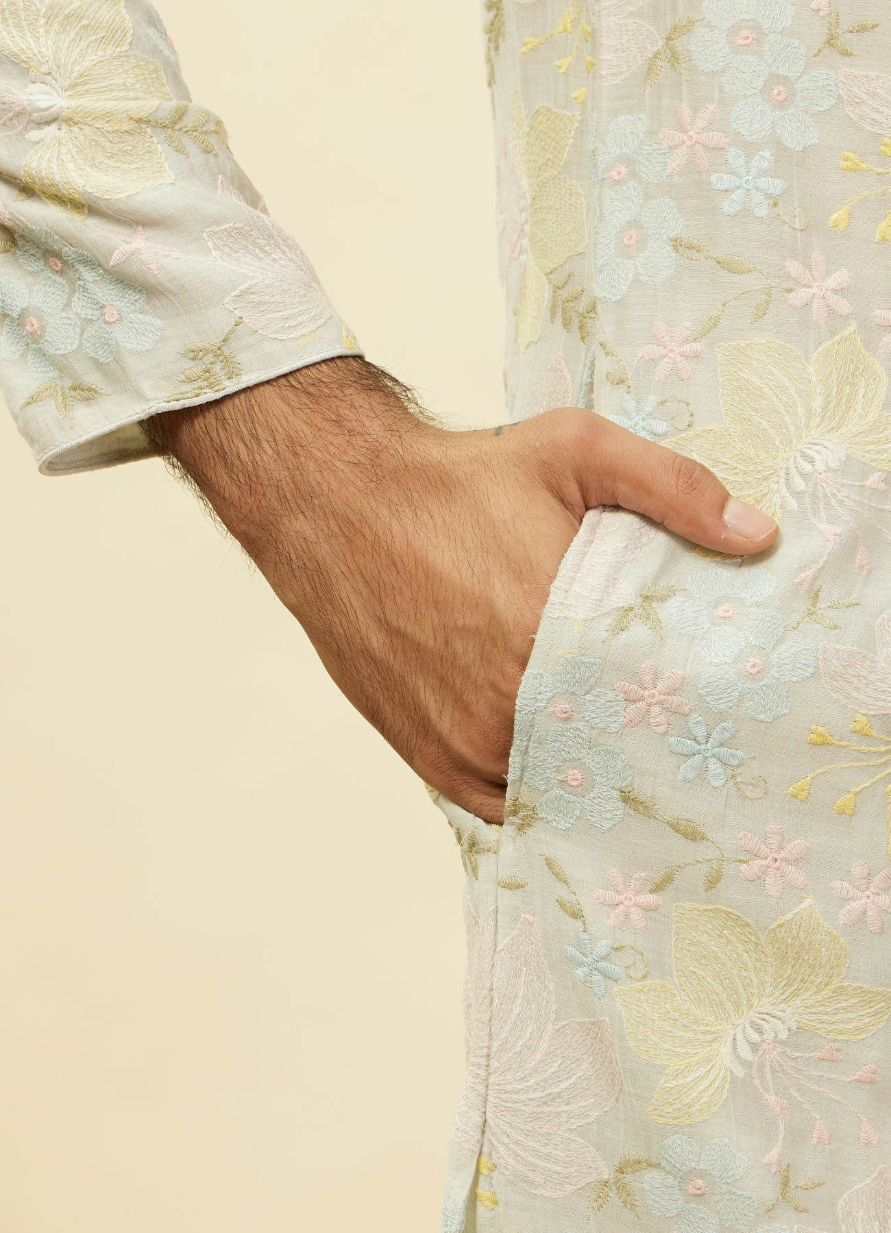 Twamev Men Soft Floral Grey Kurta Set