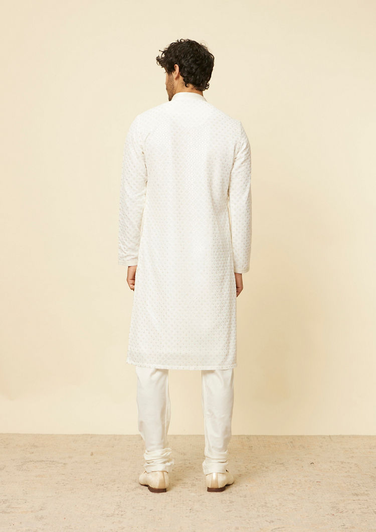 Twamev Men Cream Pink Embroidered Kurta Set