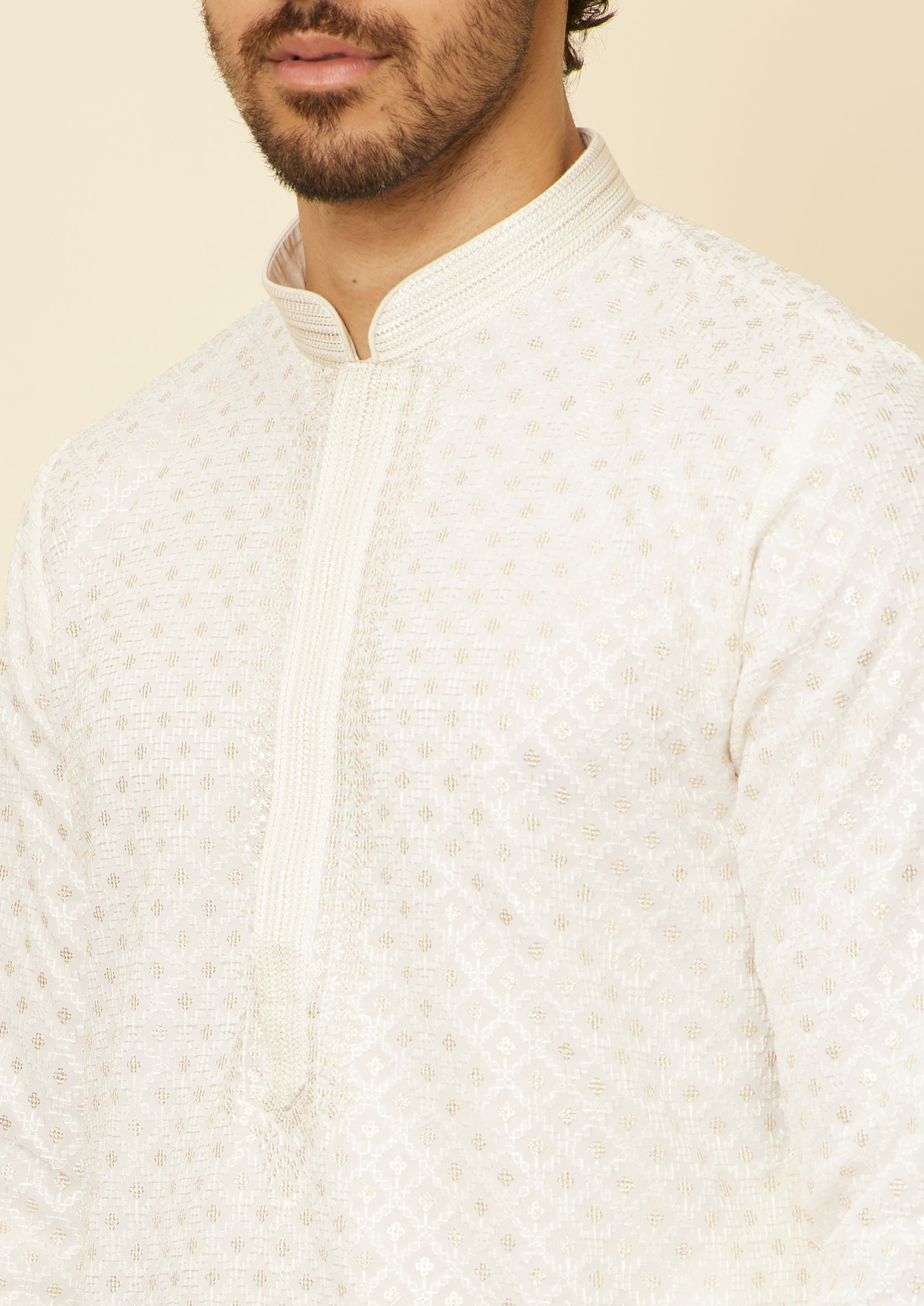 Twamev Men Cream Pink Embroidered Kurta Set