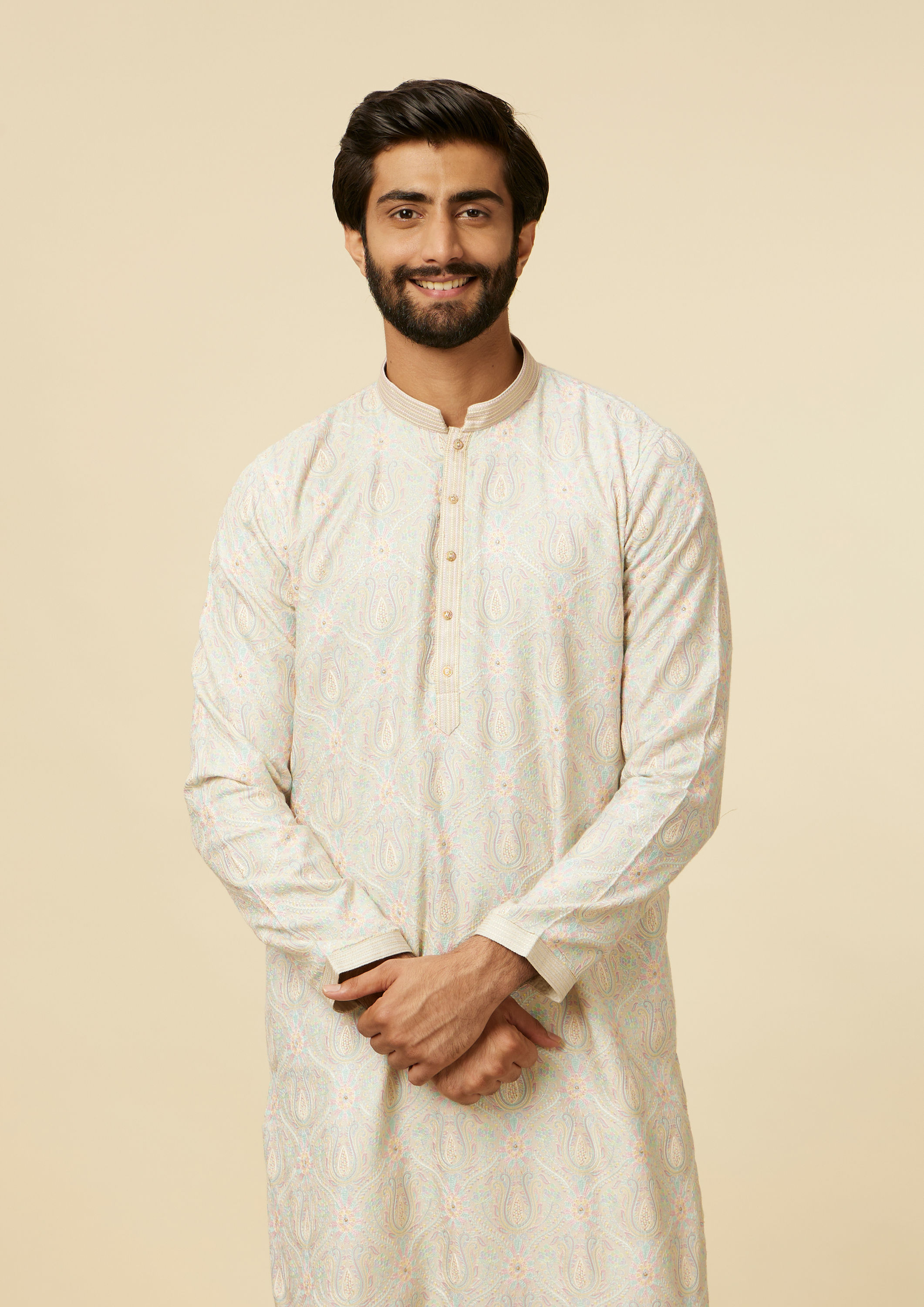 Twamev Men Light Grey Paisley Printed Kurta Set