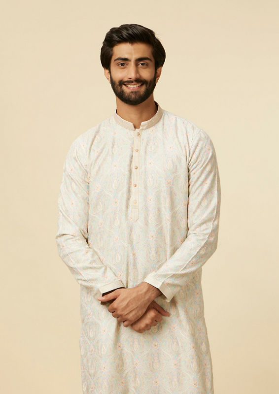 Twamev Men Light Grey Paisley Printed Kurta Set