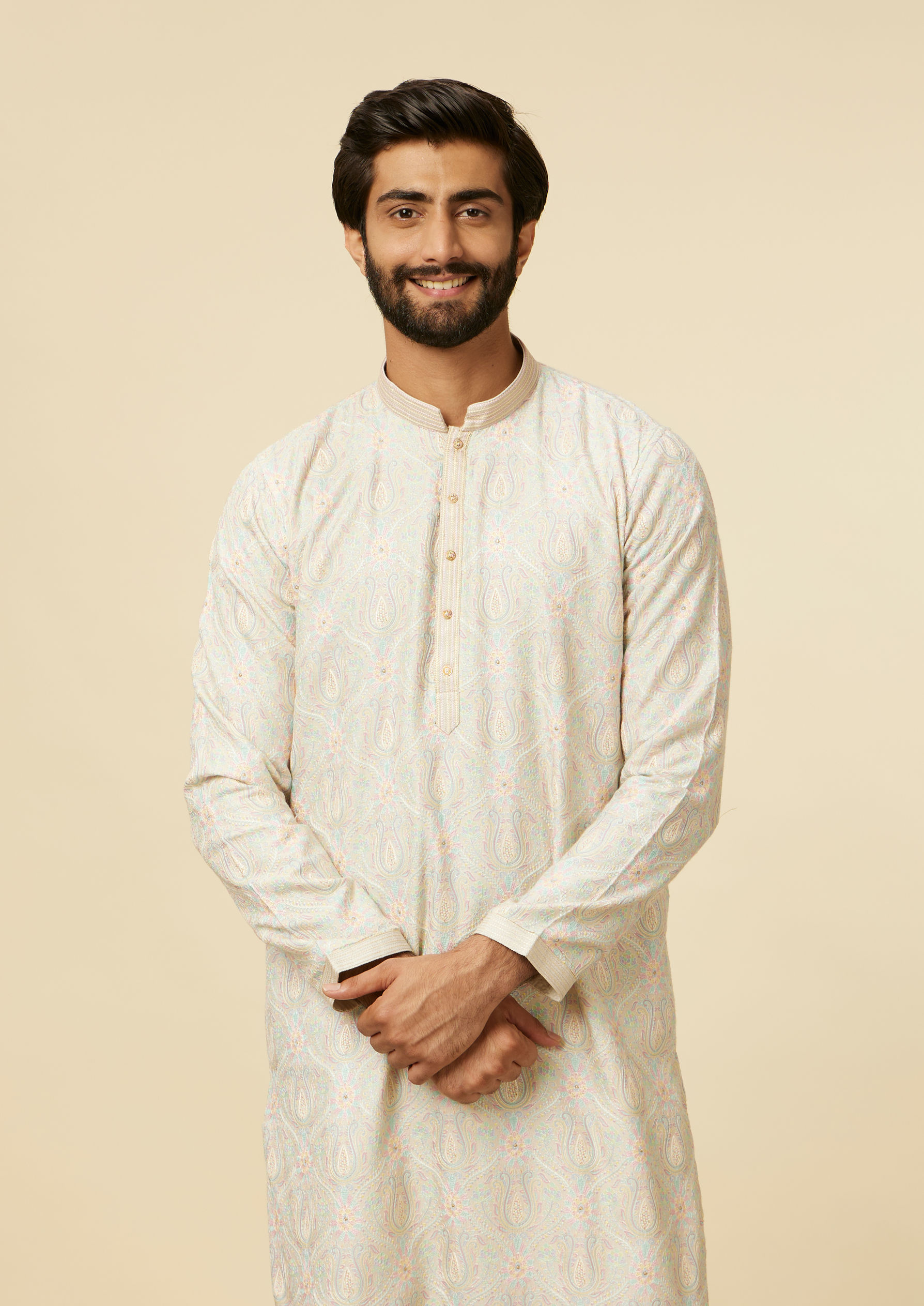 Twamev Men Light Grey Paisley Printed Kurta Set