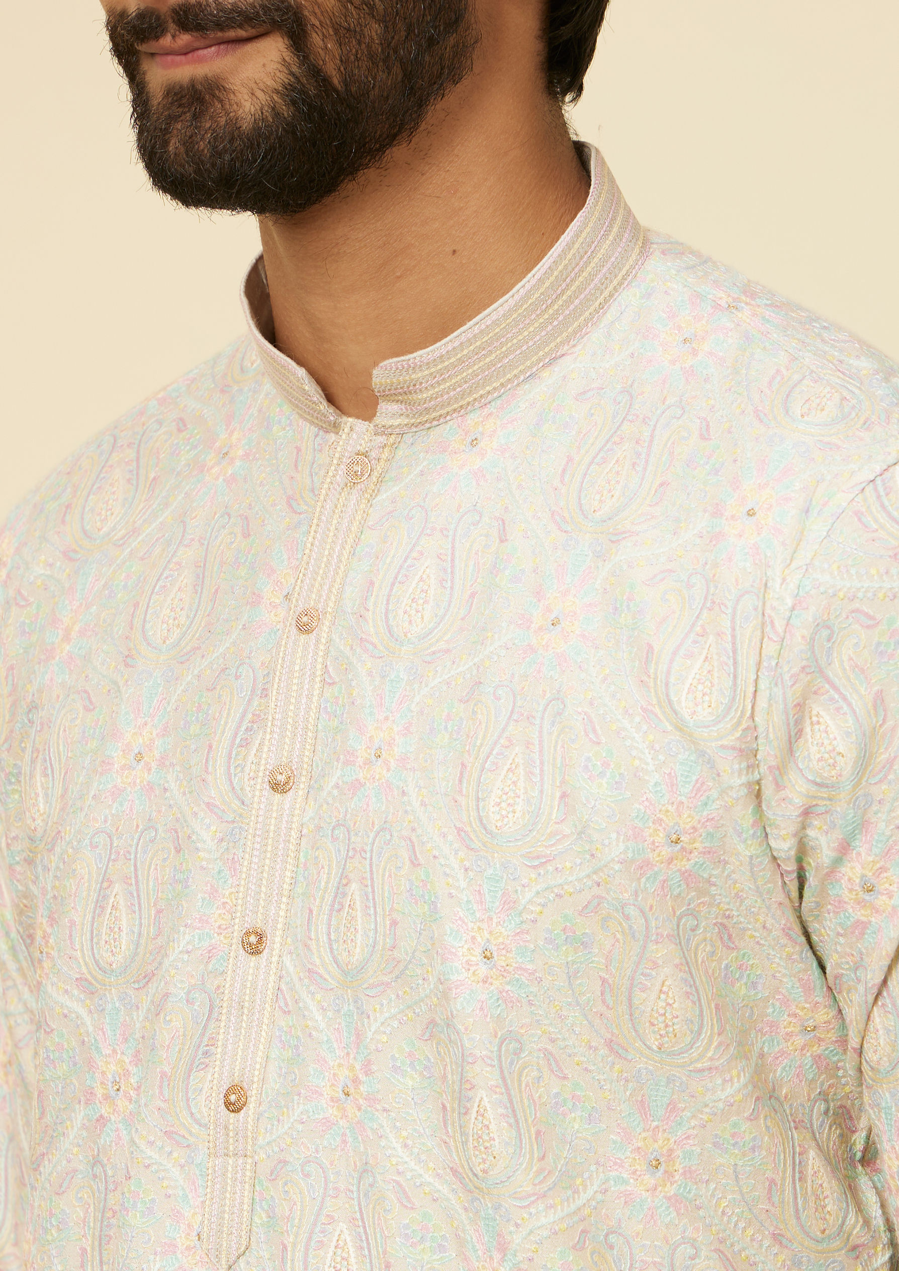 Twamev Men Light Grey Paisley Printed Kurta Set