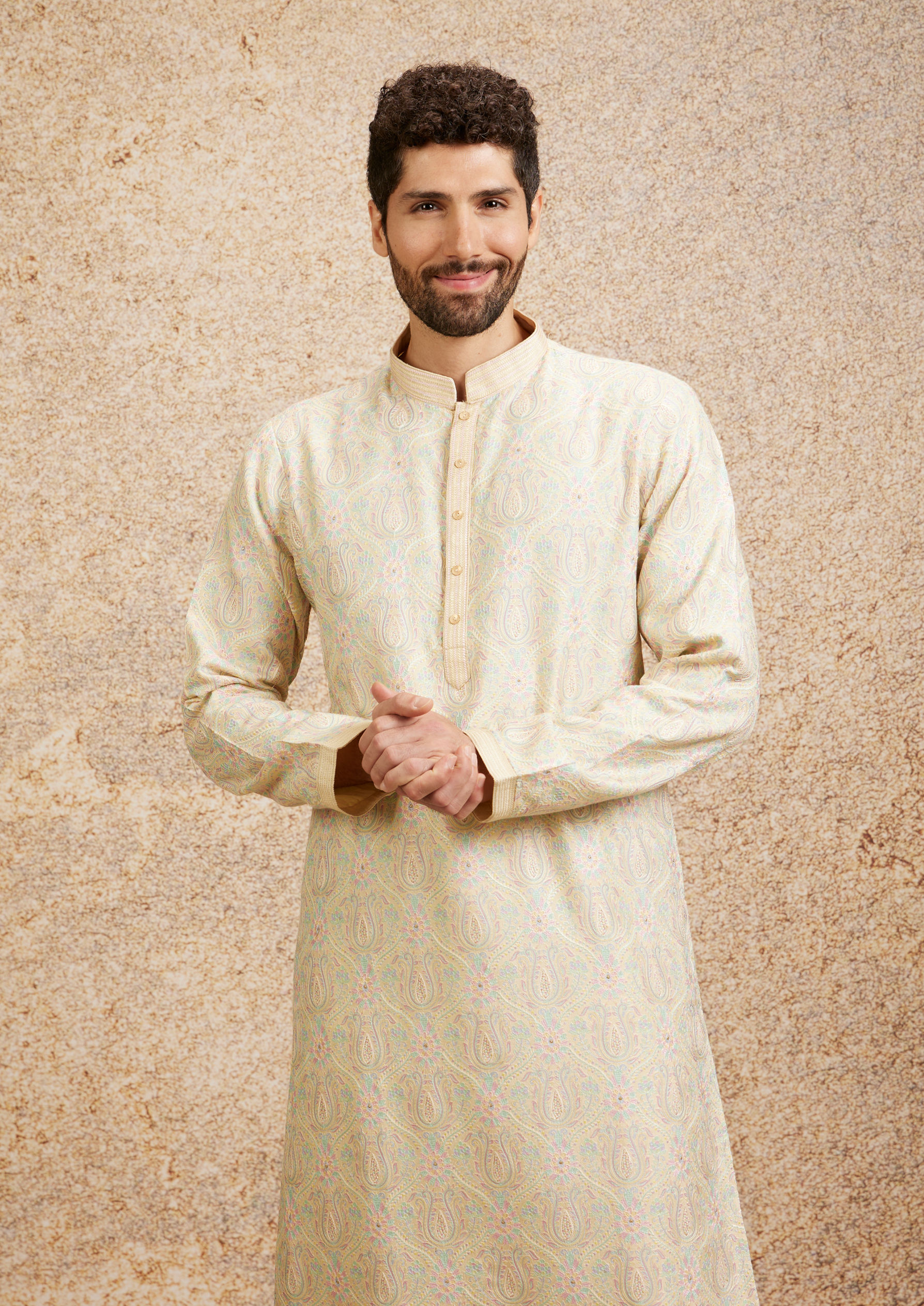 Twamev Men Peach Zari Embroidered Kurta Pajama image number 0