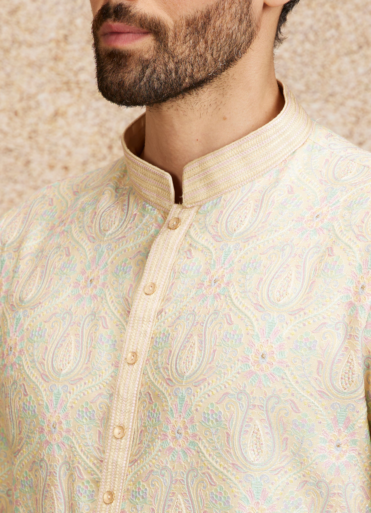 Twamev Men Peach Zari Embroidered Kurta Pajama