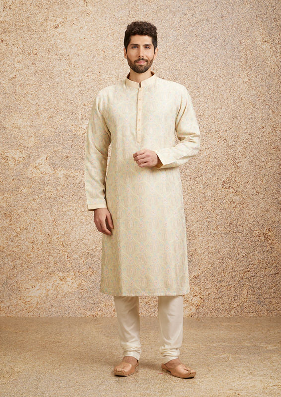 Twamev Men Peach Zari Embroidered Kurta Pajama