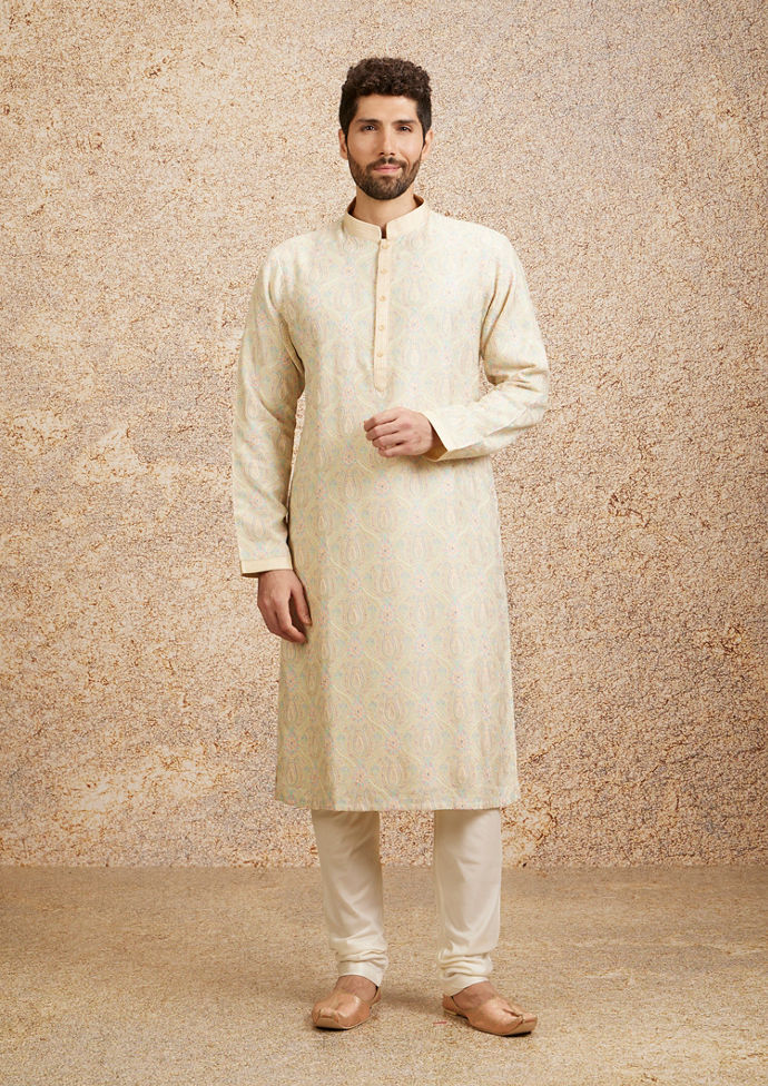 Twamev Men Peach Zari Embroidered Kurta Pajama