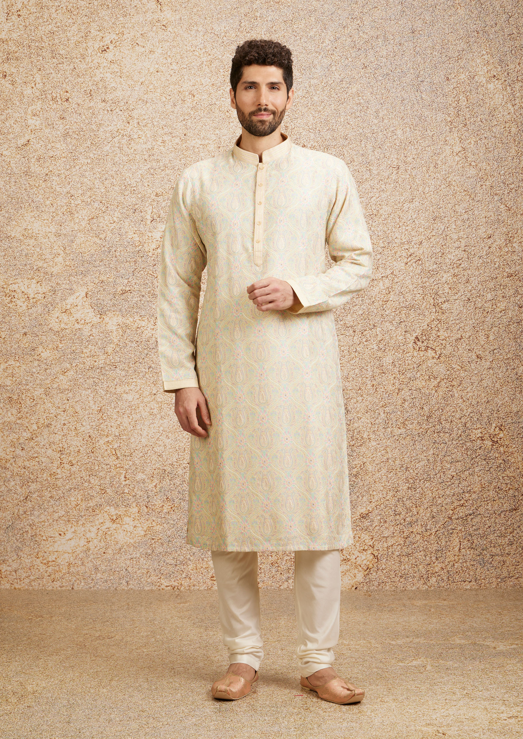 Twamev Men Peach Zari Embroidered Kurta Pajama image number 2