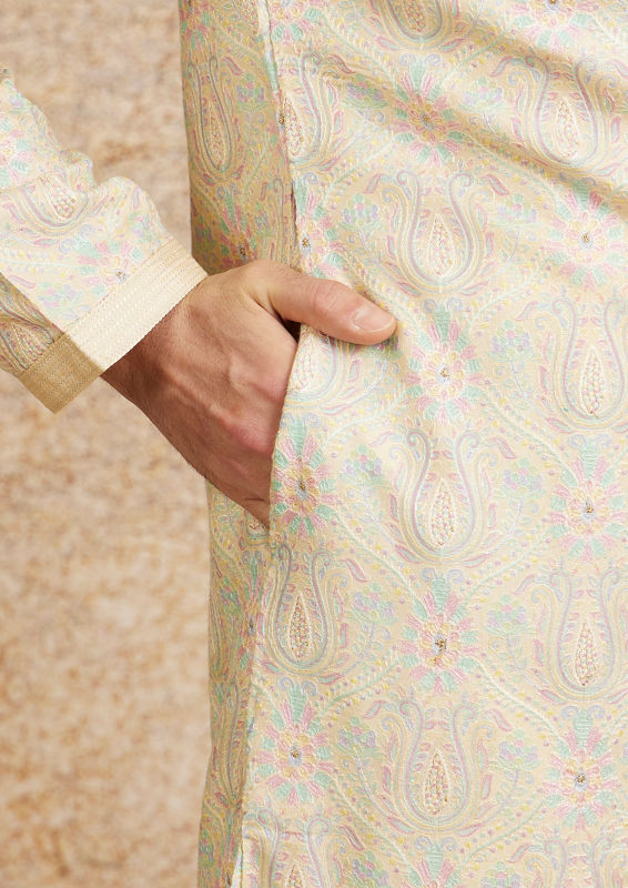 Twamev Men Peach Zari Embroidered Kurta Pajama