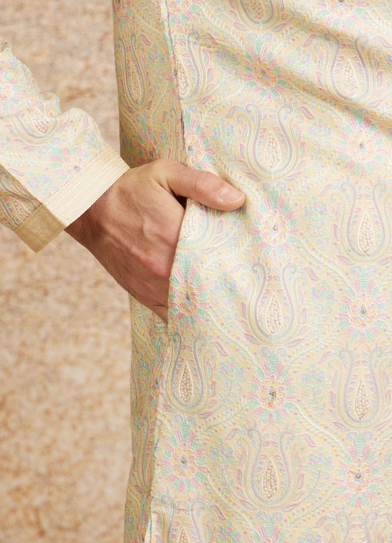 Twamev Men Peach Zari Embroidered Kurta Pajama