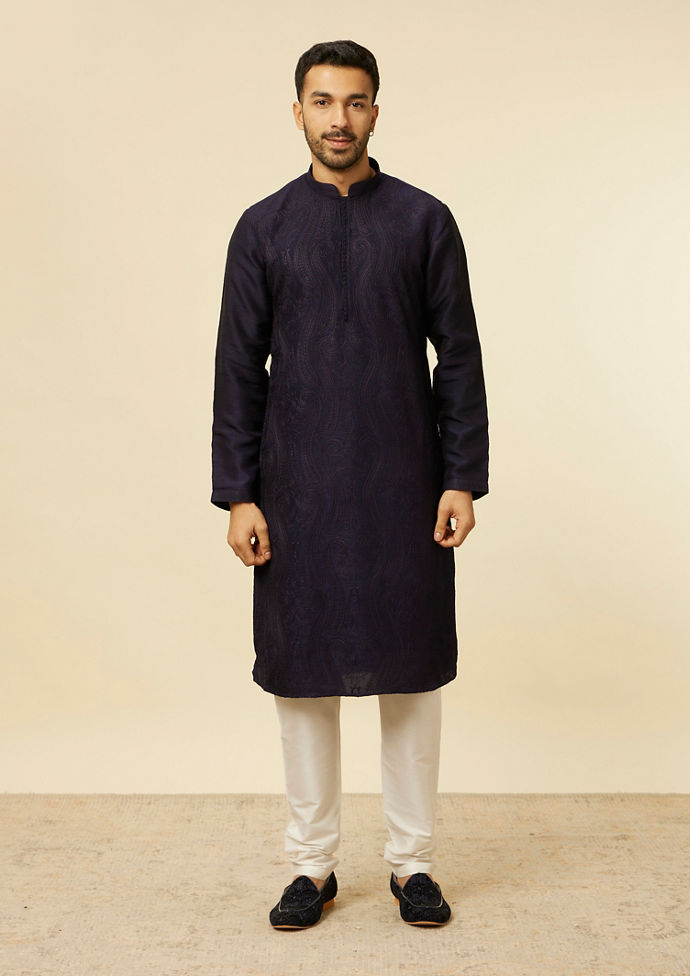 alt message - Twamev Men Dark Blue Self Patterned Kurta Set image number 2