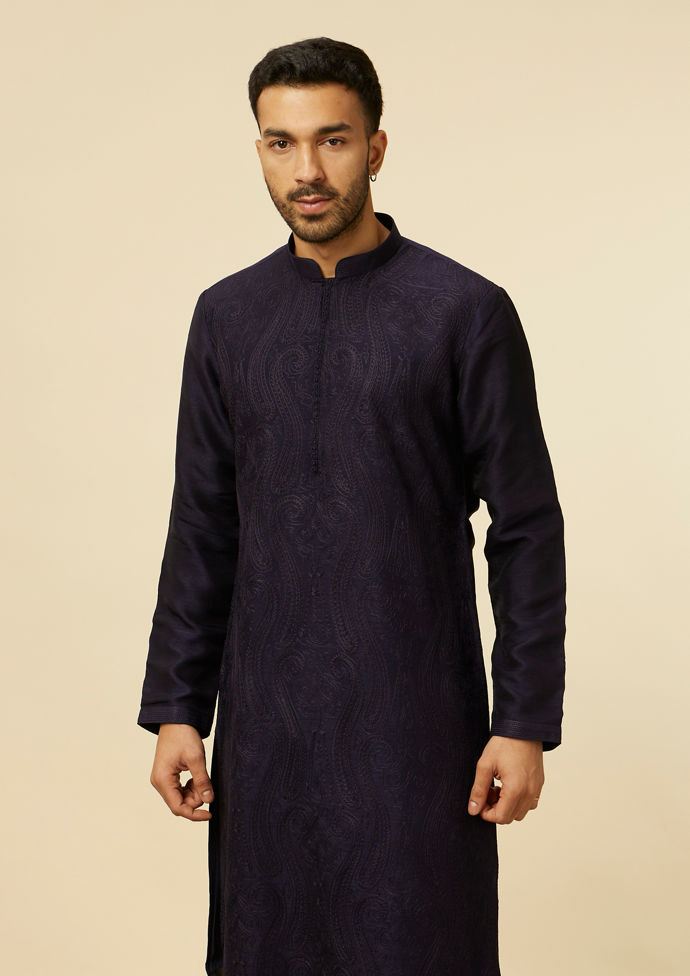 alt message - Twamev Men Dark Blue Self Patterned Kurta Set image number 0