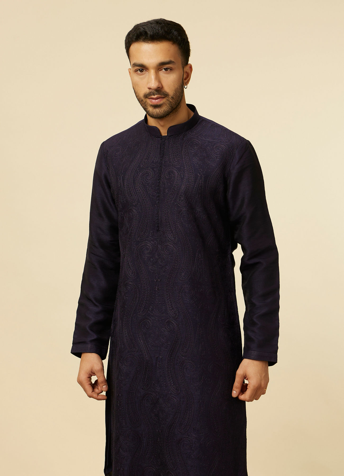 Twamev Men Dark Blue Self Patterned Kurta Set