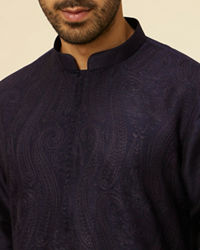 Twamev Men Dark Blue Self Patterned Kurta Set