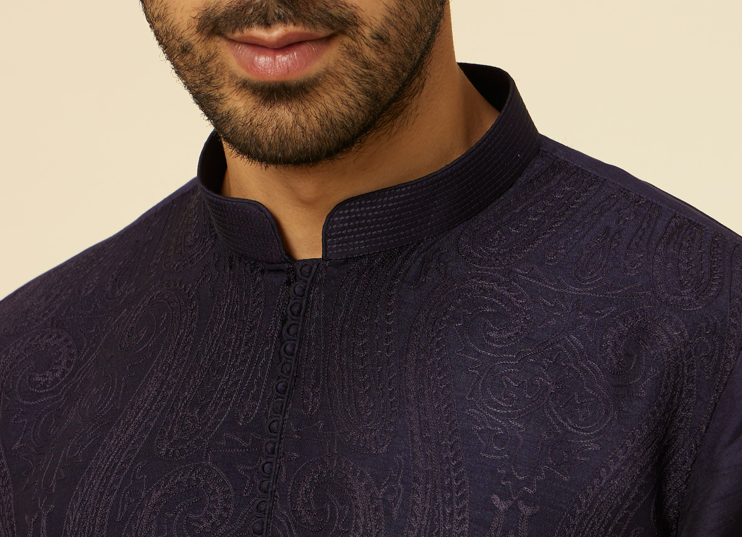 Twamev Men Dark Blue Self Patterned Kurta Set