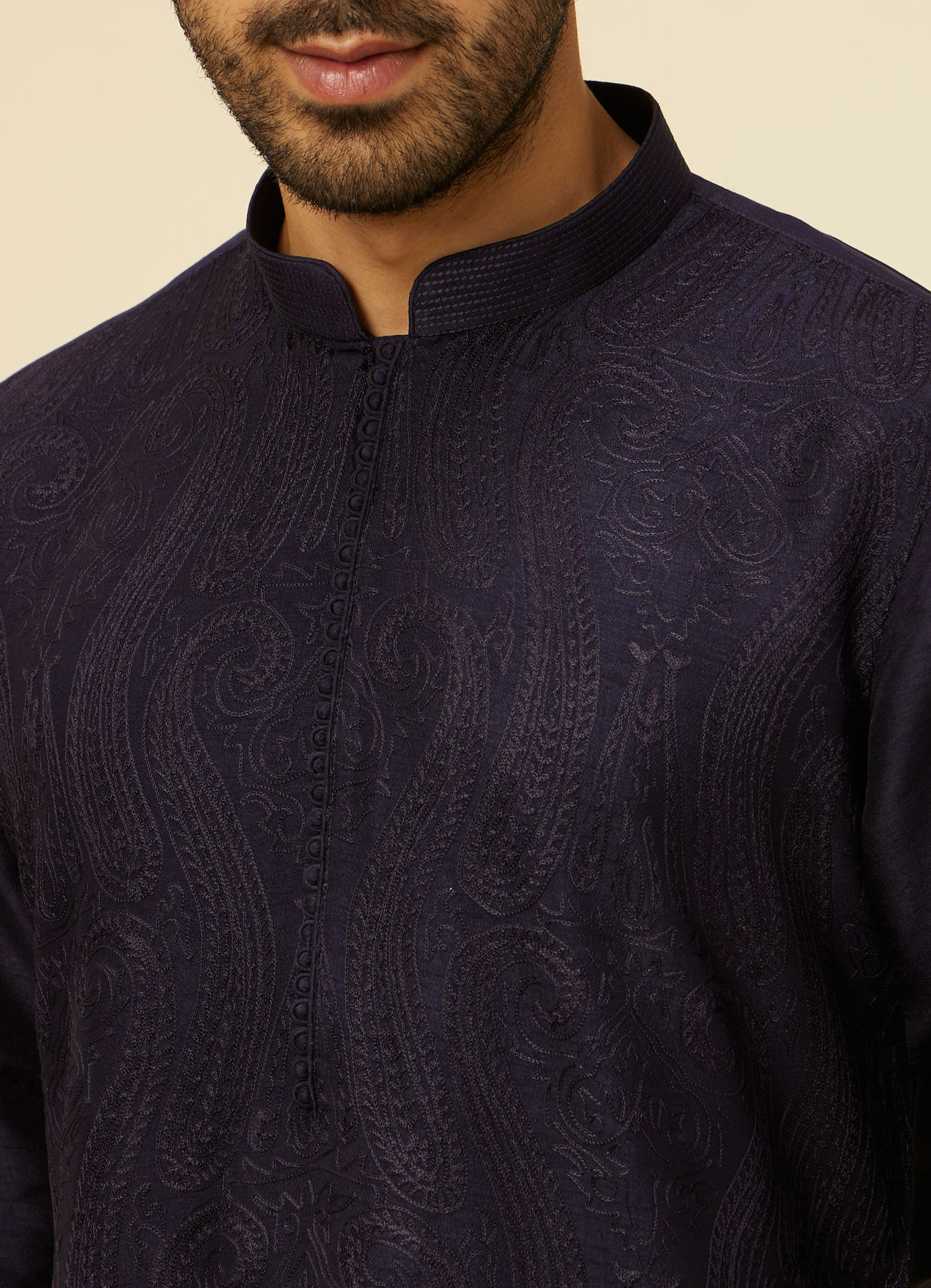 Twamev Men Dark Blue Self Patterned Kurta Set
